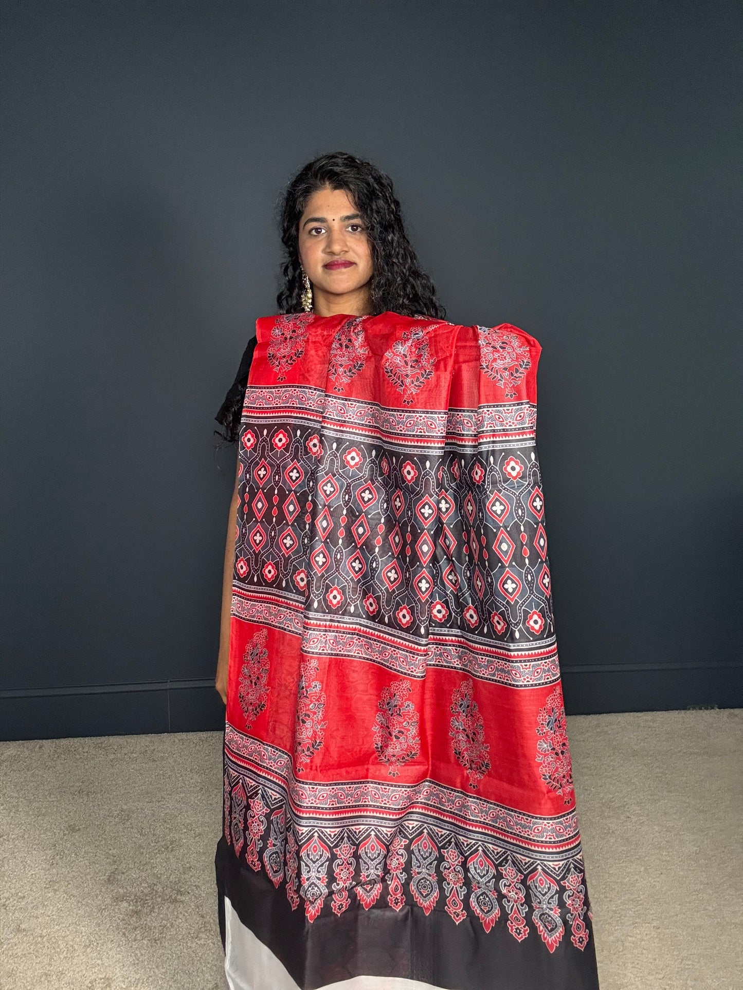 SJN02625 - Red Ajrak print saree