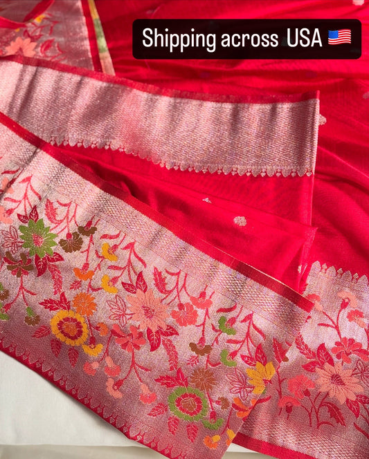 SM147 - Red Multi border Saree