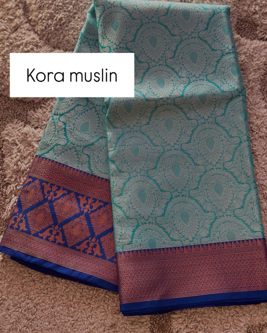 SF1802 - Sky Blue Kora muslin Saree