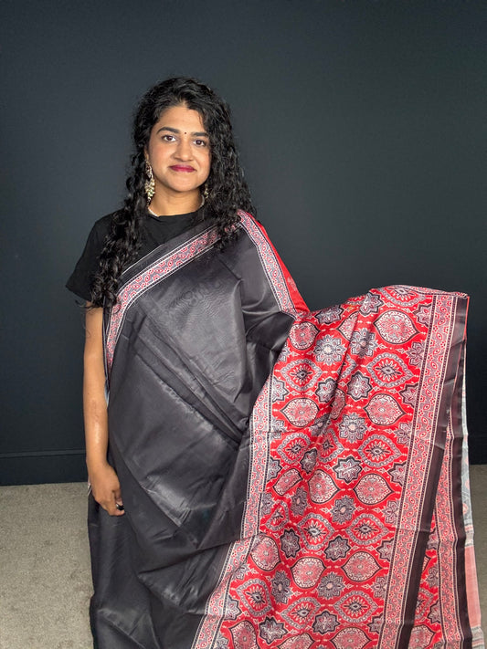 SJN02625 - Red Ajrak print saree